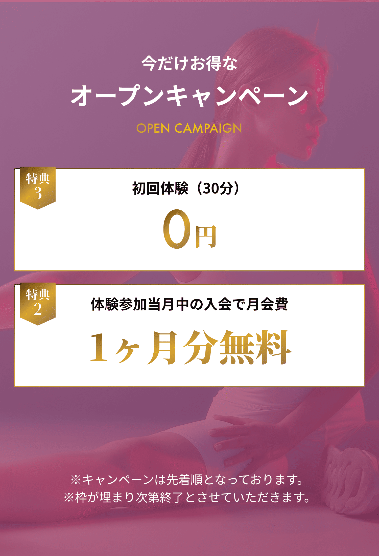 今だけお得なオープンキャンペーン 初回体験(30分) 0円 体験参加当月中の入会で月会費 1ヶ月分無料